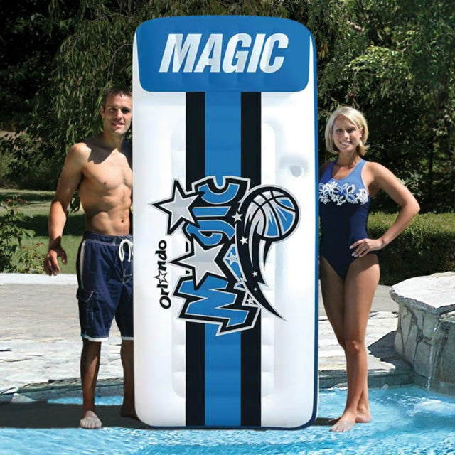 Pool mattress with Orlando Magic logos on it.