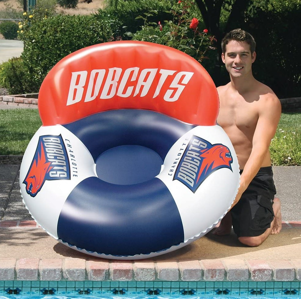 Pool lounger with Charlotte Bobcats logos on it.
