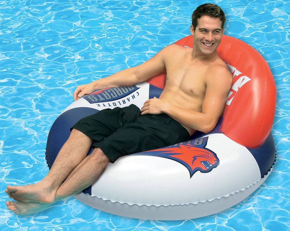 Pool lounger with Charlotte Bobcats logos on it.