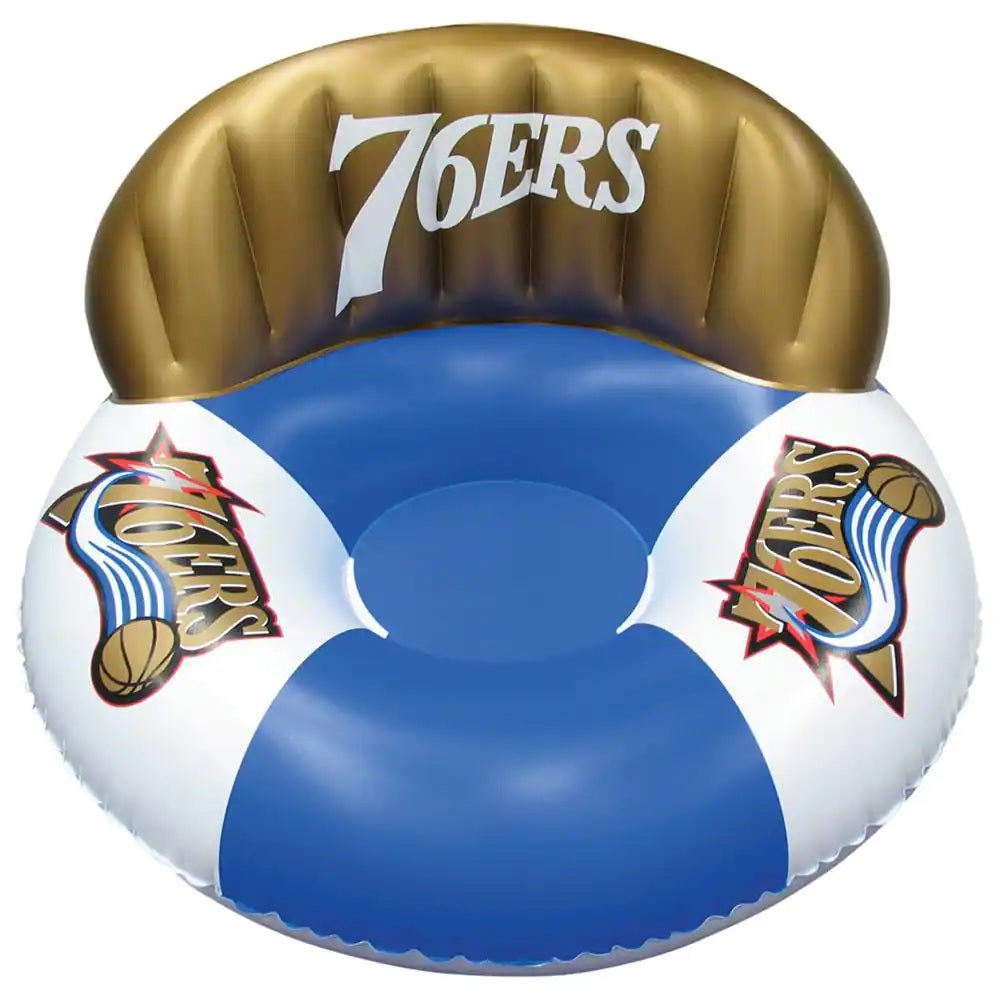 Pool lounge with the Philadelphia 76ers logos on it.