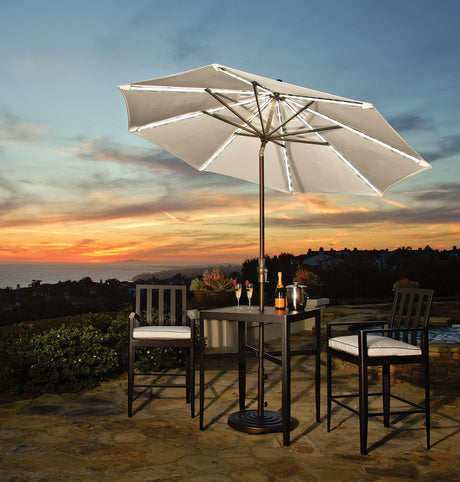 9' Starlux Collar Tilt Market Umbrella in a Bronze Frame with a Champagne Canopy