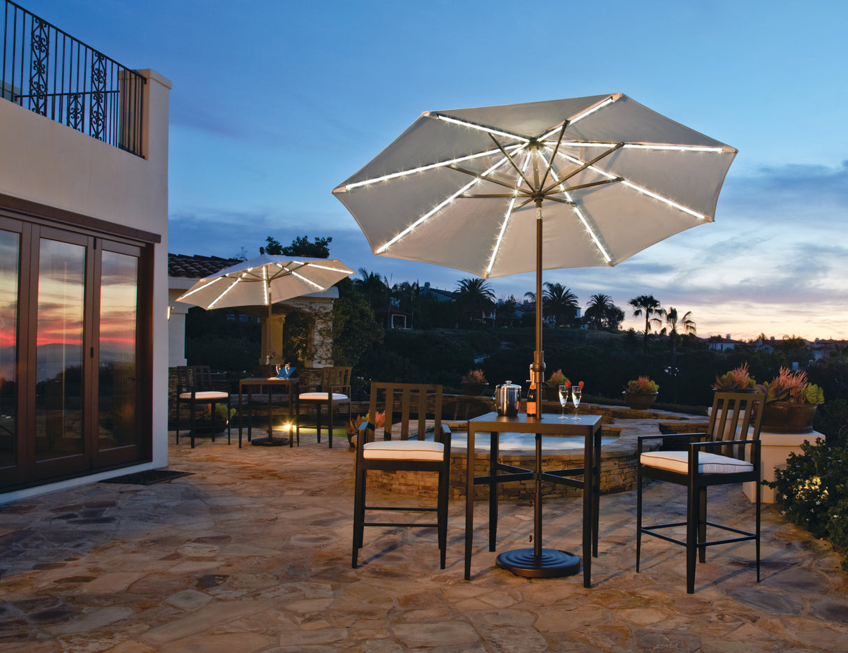 9' Starlux Collar Tilt Market Umbrella in a Bronze Frame with a Champagne Canopy