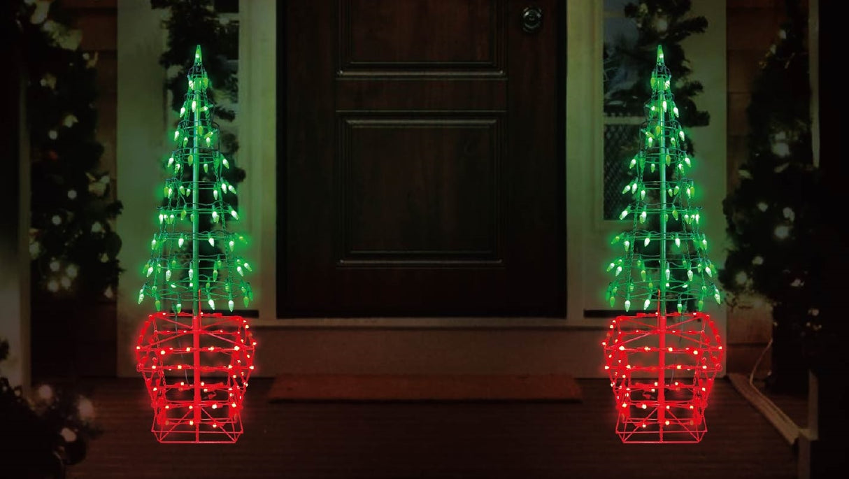 Set of 2 Green & Red Twinkling LED Tree Topiary Outdoor Decorations