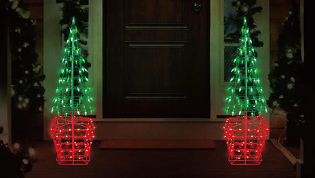 Set of 2 Green & Red Twinkling LED Tree Topiary Outdoor Decorations