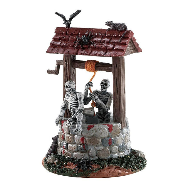 Polyresin figurine for a Lemax display. Designed to look like a stone water well. There's a crow, a spider and a rat on the roof. There are two skeletons climbing out of the well.