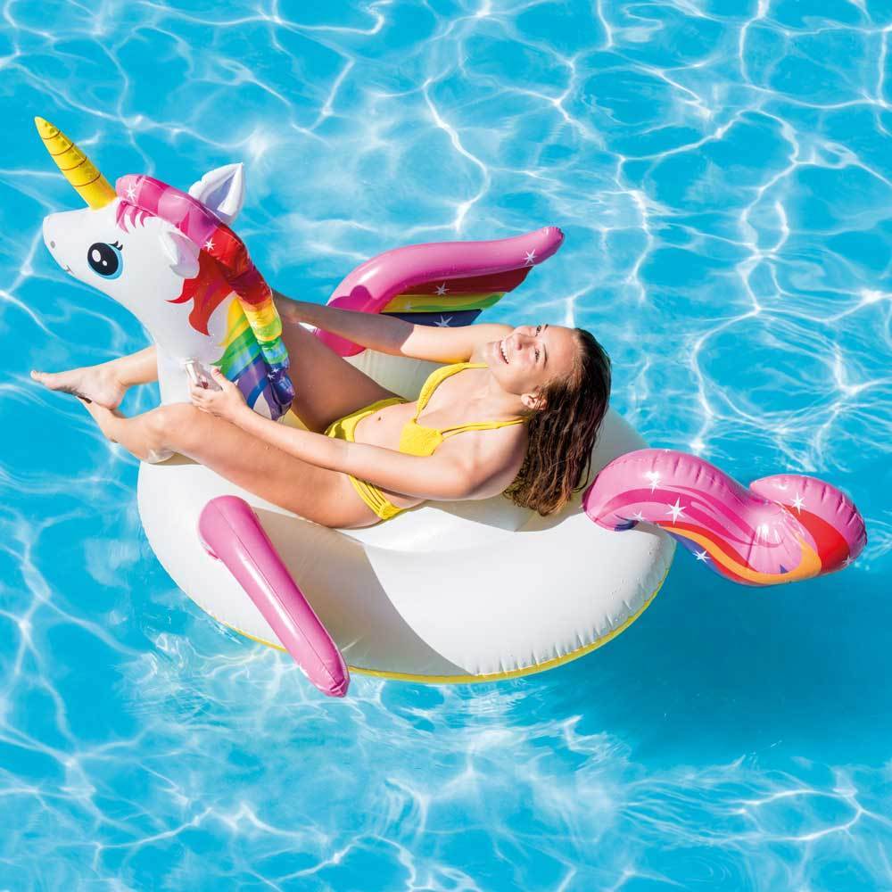 Inflatable pool float shaped like a rainbow unicorn.
