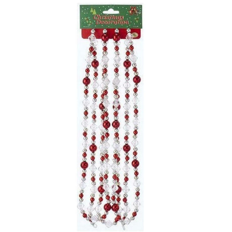 9' Red, White and Silver Iridescent Beaded Hand-Strung Bead Garland