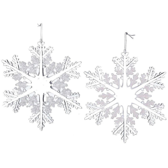 Ornaments shaped like clear snowflakes.