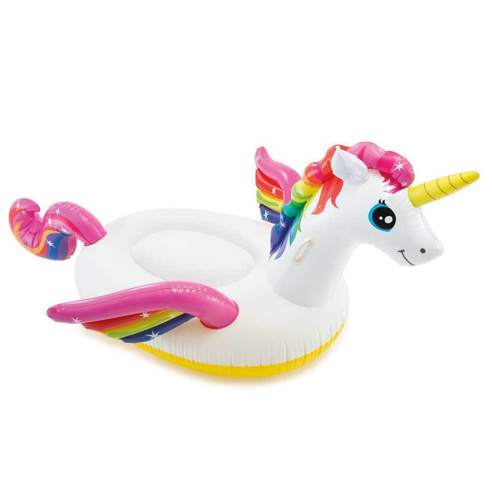 Inflatable pool float shaped like a rainbow unicorn.