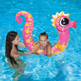 Pool inflatables shaped like seahorses. One is pink and one is blue.