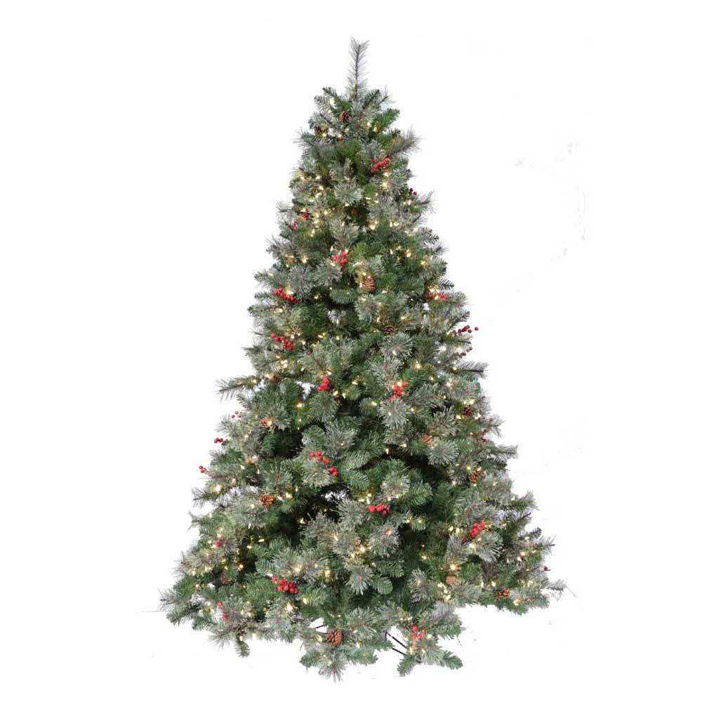 Artificial tree pre-lit with dual lights. Lights change from clear to multi-colored lights. The tree also features red berries and white glitter.