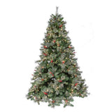 Artificial tree pre-lit with dual lights. Lights change from clear to multi-colored lights. The tree also features red berries and white glitter.