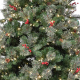 Artificial tree pre-lit with dual lights. Lights change from clear to multi-colored lights. The tree also features red berries and white glitter.