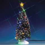 Lemax village accessory designed to look like a snow-covered tree that has multi-colored lights on it and a yellow star on top.