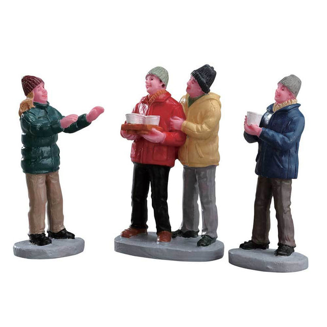 Village figurines for a Lemax display. Designed to look like four friends wearing winter clothes, drinking cider.