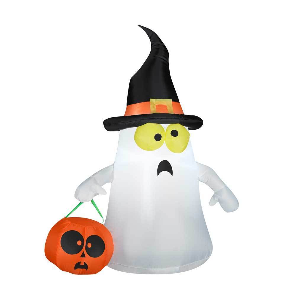 This picture shows the inflatable ghost is wearing a black witch hat with orange accents. He has yellow eyes and is holding a jack-o-lantern.