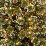 Artificial tree pre-lit with dual lights. Lights change from warm white to multi-colored. The branches are covered in white glitter.