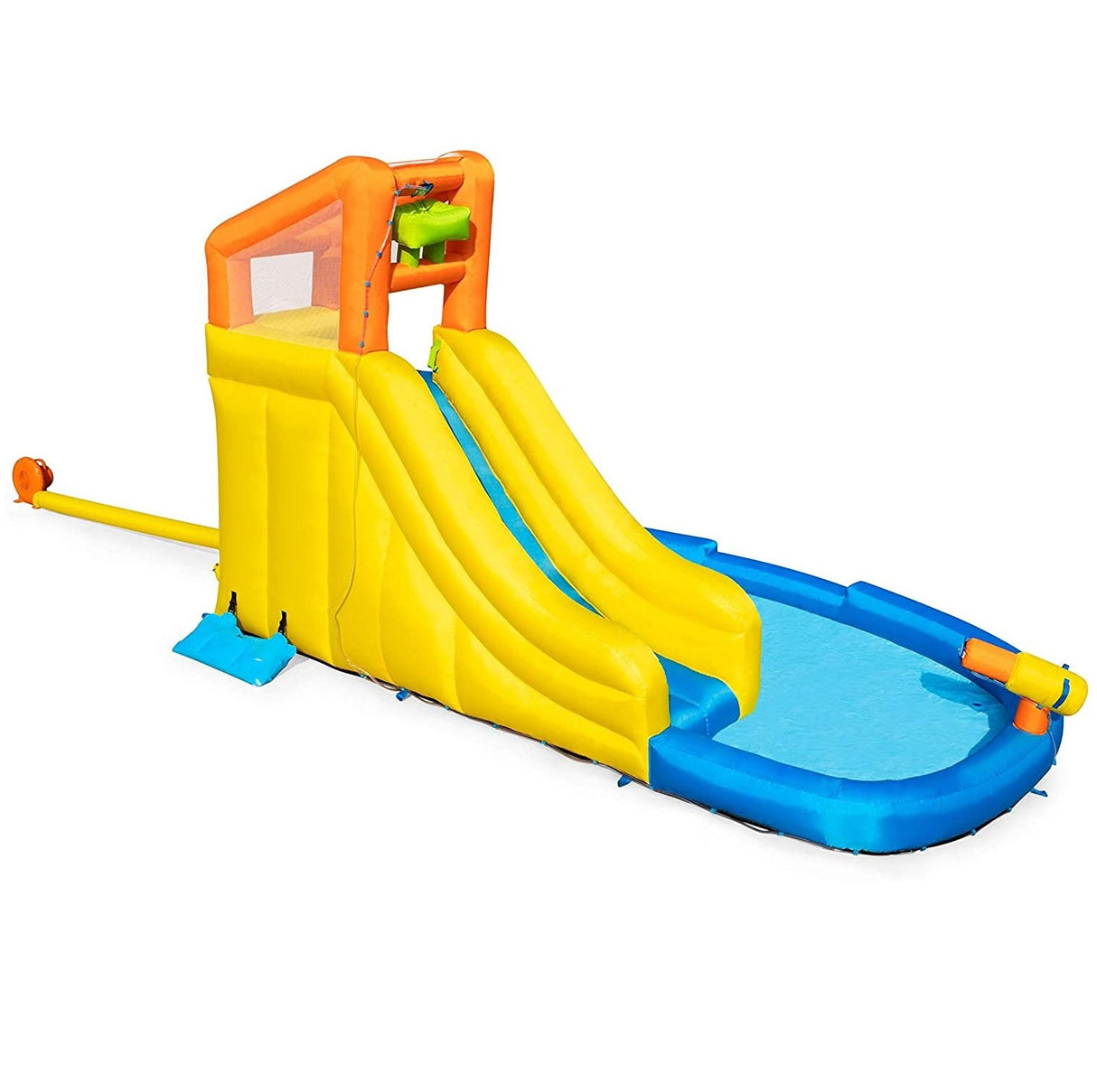Massive inflatable backyard water park for kids. There's a small water slide that lands into a small pool and there's a fun wall to climb.