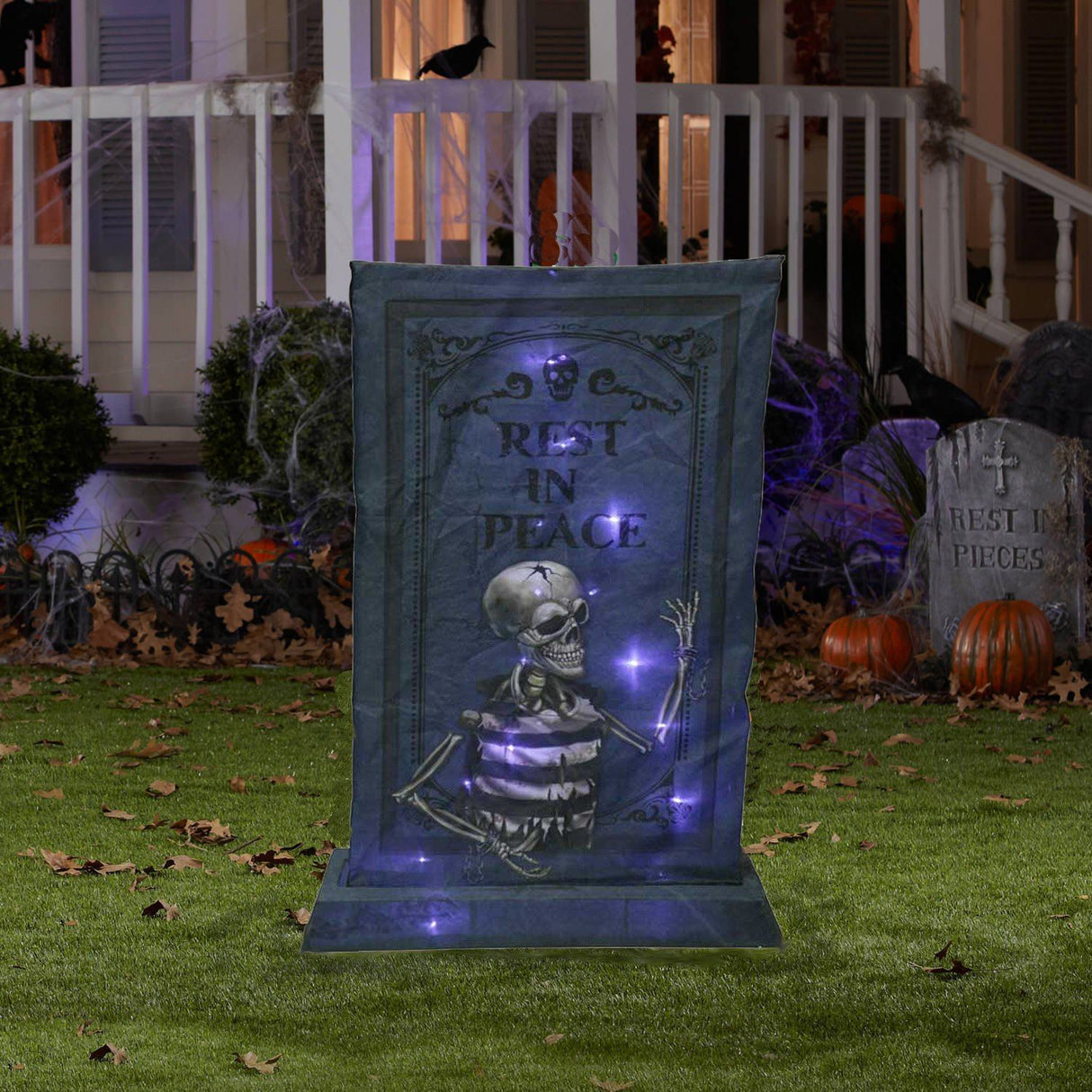 Lighted LED 36" Tombstone With Skeleton