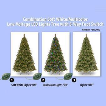 Artificial tree pre-lit with dual lights. Lights change from warm white to multi-colored. Branches are covered in white glitter.