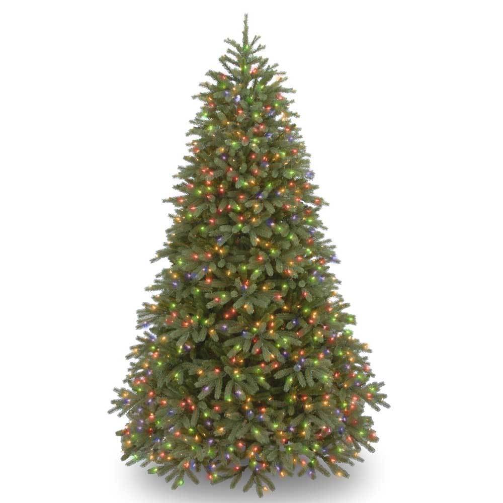 Artificial tree pre-lit with multi-colored lights.