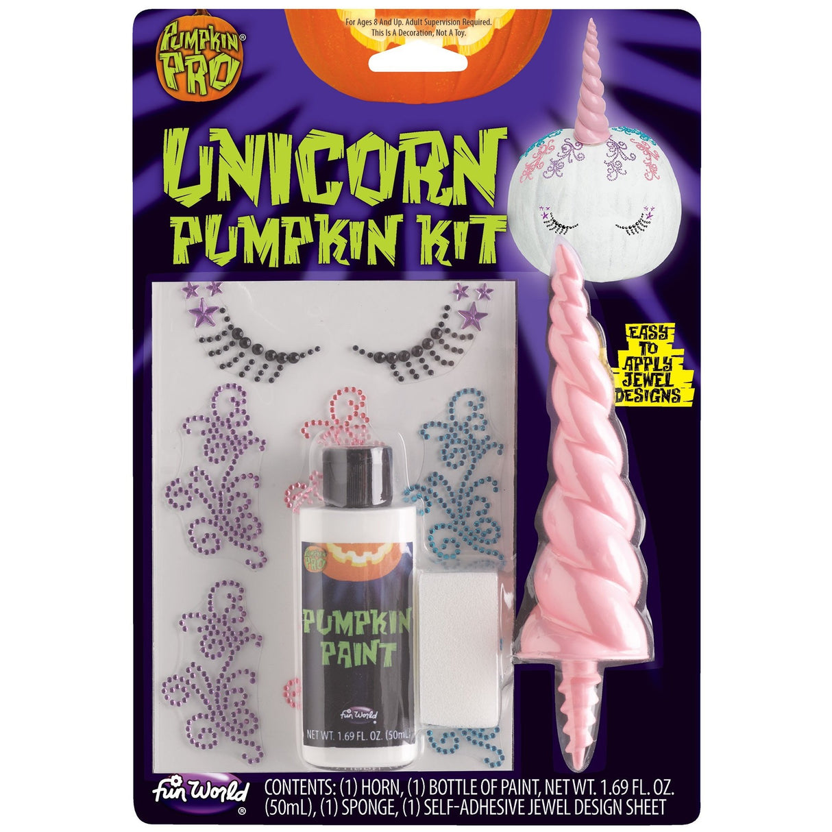 Pumpkin decorating kit comes with self-adhesive jewel designs, paint and a pink unicorn horn.