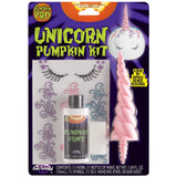 Pumpkin decorating kit comes with self-adhesive jewel designs, paint and a pink unicorn horn.