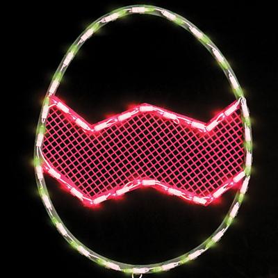 A window silhouette shaped like an egg. The colors are yellow and pink. The sign lights up