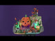 Polyresin village accessory for a Lemax Spooky Town display. Designed to look like an island with a dock and a boat. There's a cave that is shaped like a giant jack-o-lantern with purple fog inside. There are pumpkin accents everywhere. There's a spooky tree at the top of the staircase with a few people with pumpkins for heads. There's a sign on the dock that reads "ISLE OF CREEPY JACKS."