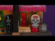 Polyresin lighted building for a Lemax Spooky Town display. Designed to look like a brick tattoo parlor with a giant Día de Muertos skull on the roof. There are skull and skeleton accents throughout.