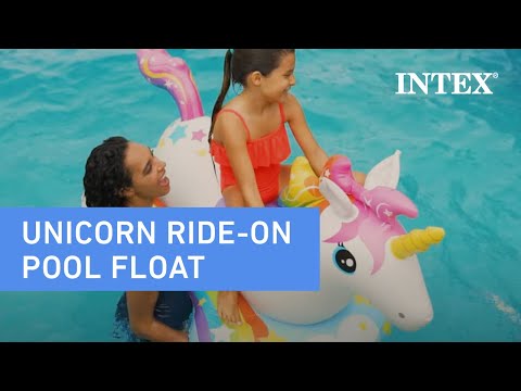 An inflatable pool float designed to look like a rainbow unicorn.