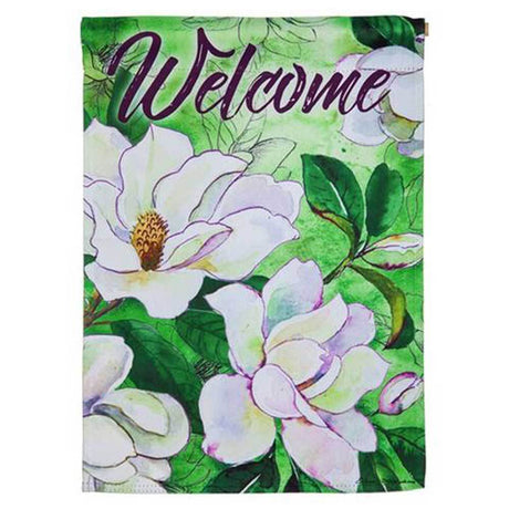 A green flag that reads "WELCOME" and features a bunch of white flowers with green stems