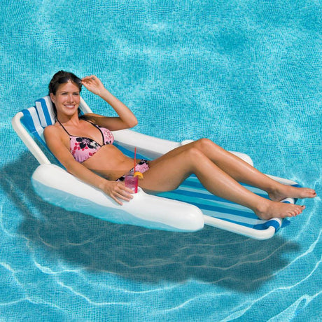 Blue and white striped pontoon pool chair.