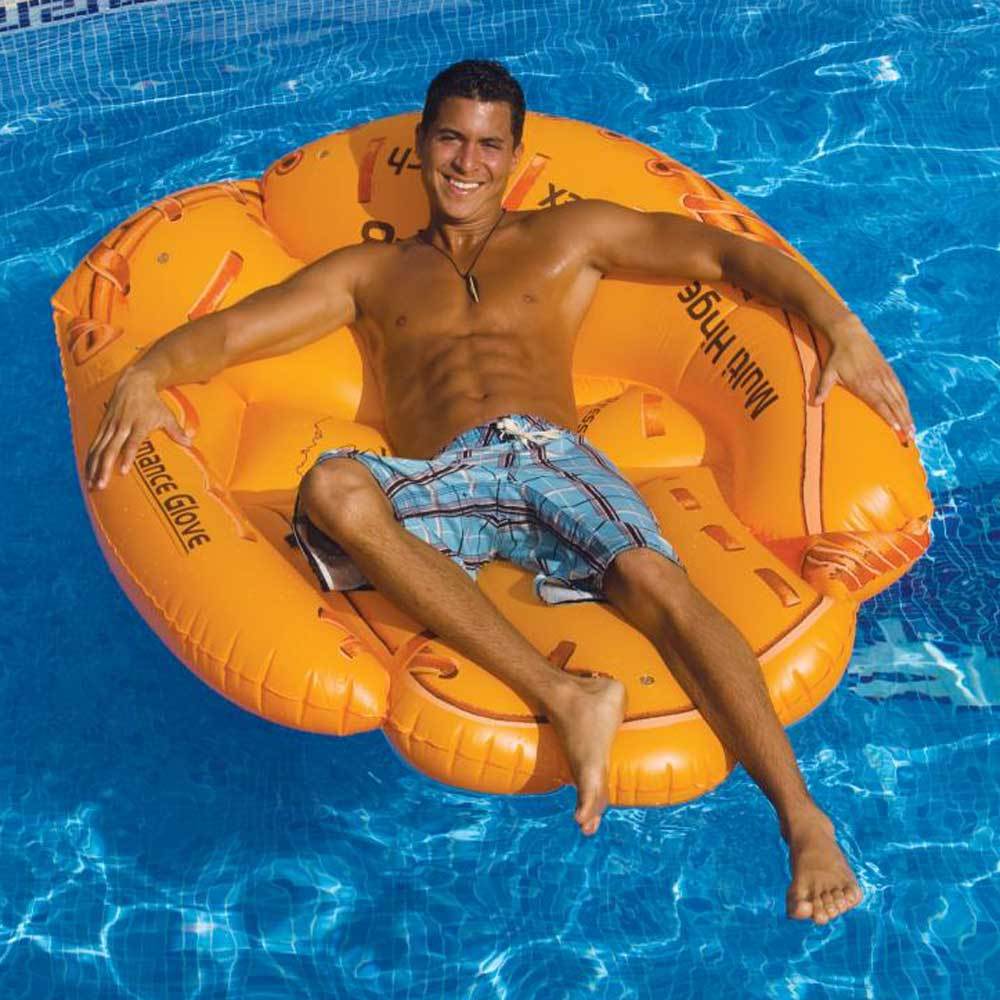 Yellow pool inflatable shaped like a baseball glove.