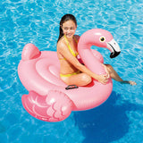 This is a lifestyle image showing a girl sitting on the flamingo float in a pool.