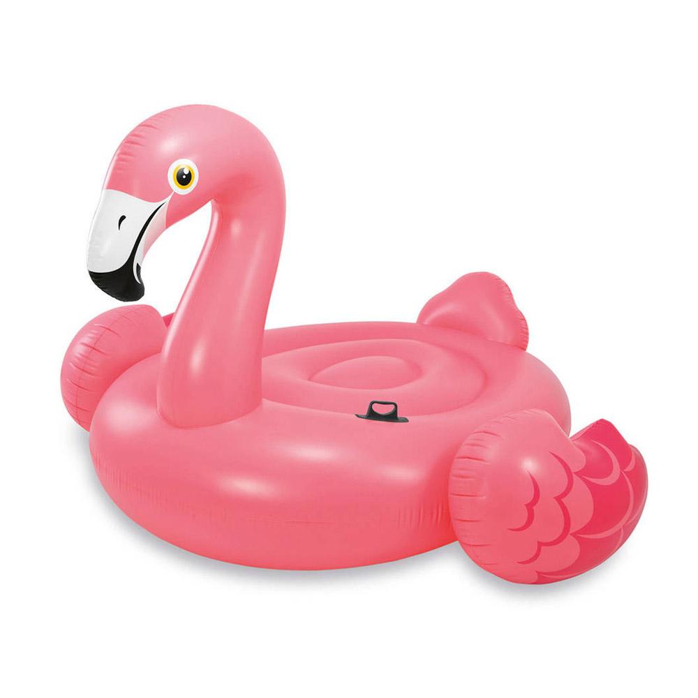 Pool float shaped like a large, pink flamingo.