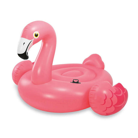 Pool float shaped like a large, pink flamingo.