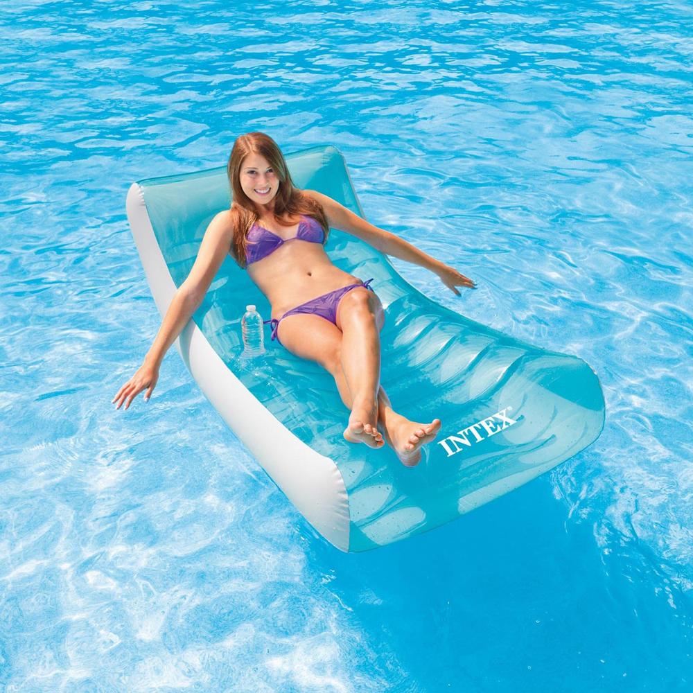 Light blue and white inflatable pool chair.
