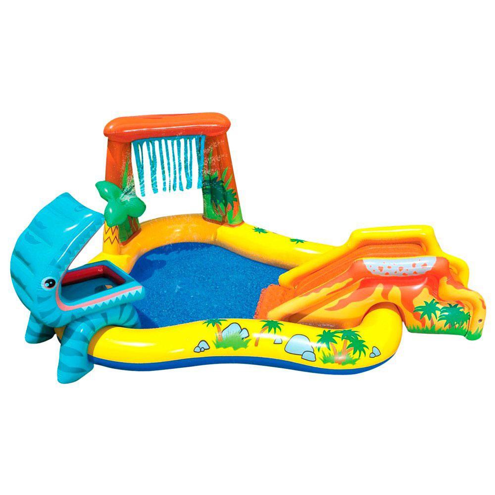 Dinosaur themed inflatable water park for kids.