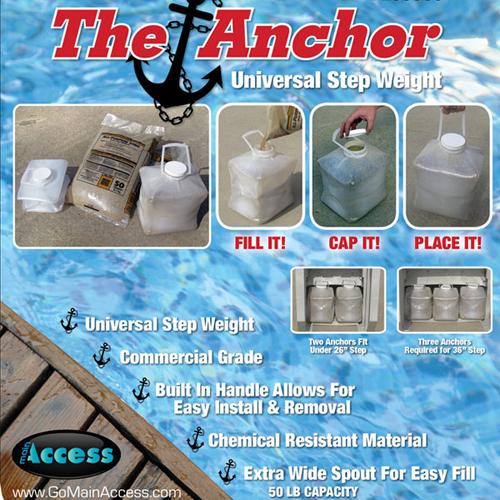 The Anchor universal step weight. Fill it, cap it, place it! Commercial grade construction. Has a built-in handle that allows for easy install and removal. It's made of chemical resistant materials. Features an extra wide spout for easy fill. Requires 50 lbs. of sand.