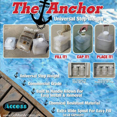 The Anchor universal step weight. Fill it, cap it, place it! Commercial grade construction. Has a built-in handle that allows for easy install and removal. It's made of chemical resistant materials. Features an extra wide spout for easy fill. Requires 50 lbs. of sand.